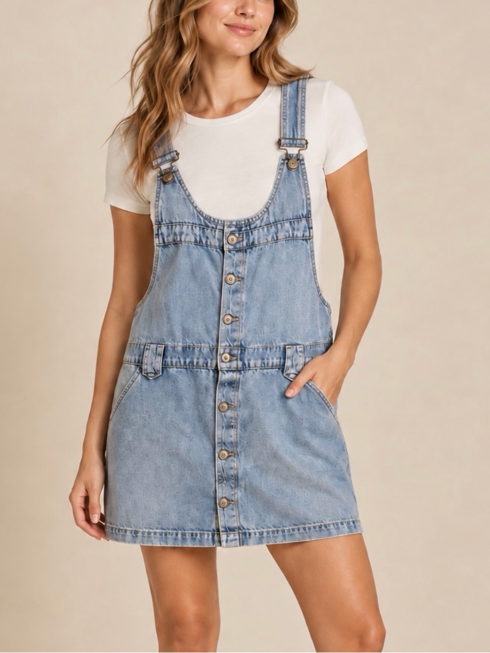 Free People We The Free Overall Smock Mini Dress Light Wash Denim